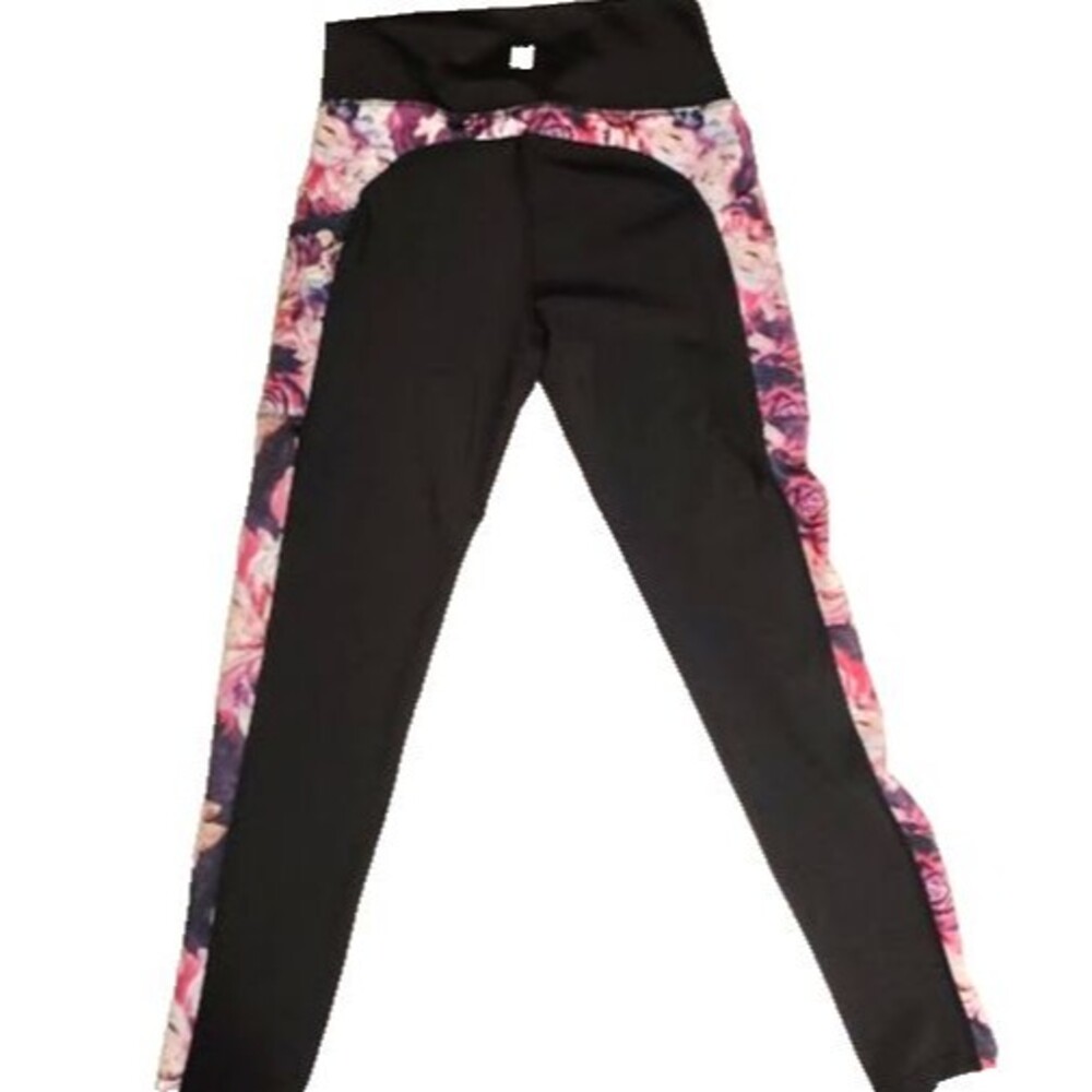 NEW Nicole Miller NM Sport Black Pink Roses Berry Leggings L Tags Media Pocket - Picture 2 of 6